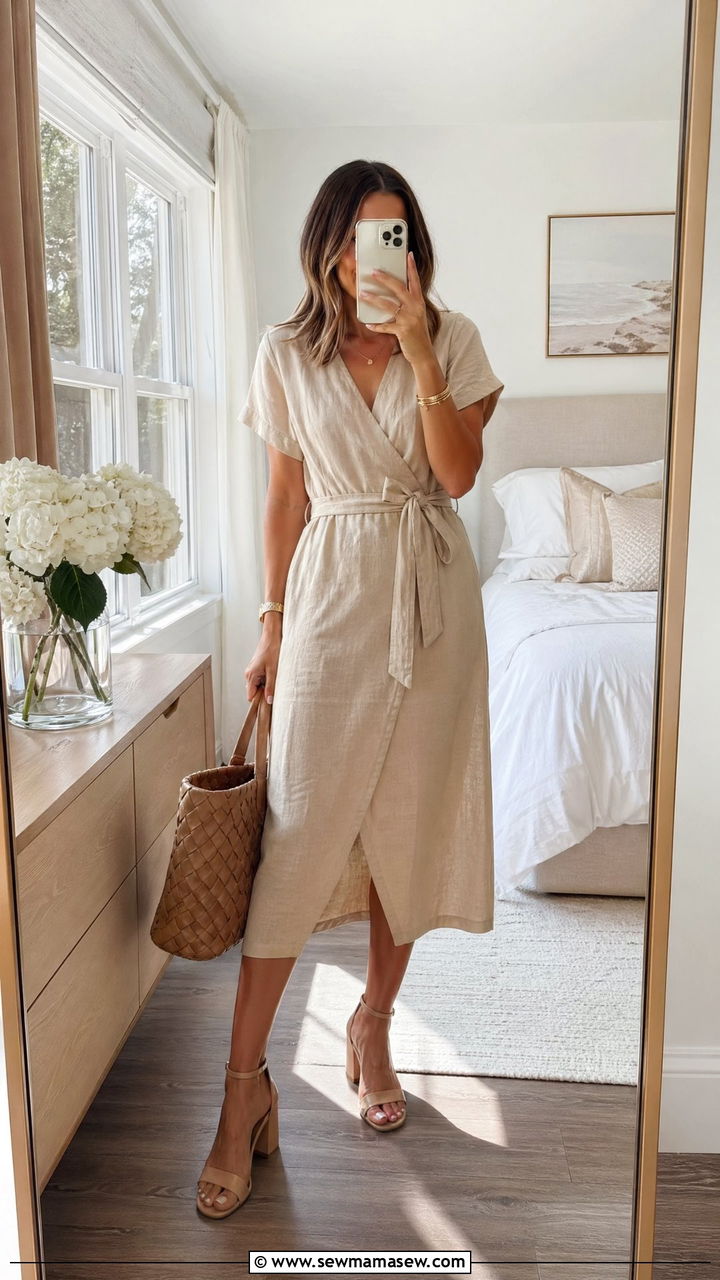 Belted Beige Wrap Dress With Nude Sandals - 35 Classy spring outfit ideas 2026