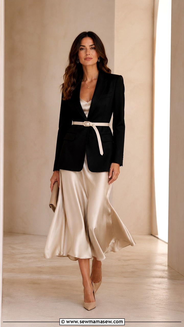Belted Blazer With A Silky Midi Skirt - 35 Elevated work outfit ideas