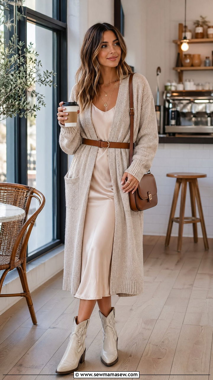 Belted Cardigan With Slip Dress And Ankle Boots - 35 Western boho outfit ideas