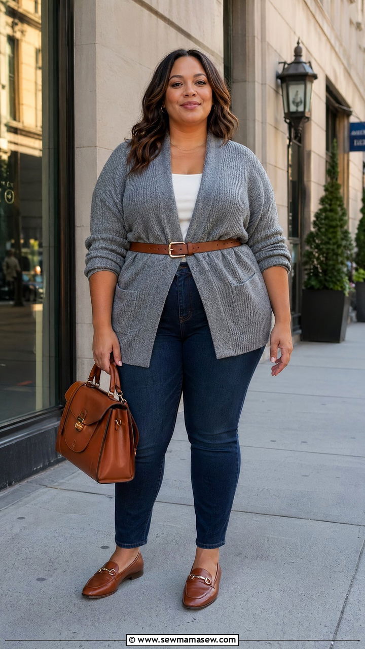 Belted Cardigan with Dark Denim and Loafers - 35 casual outfits for curvy women