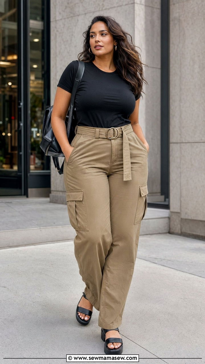Belted Cargo Pants With Tucked In Tee - 30 Best pants for curvy women