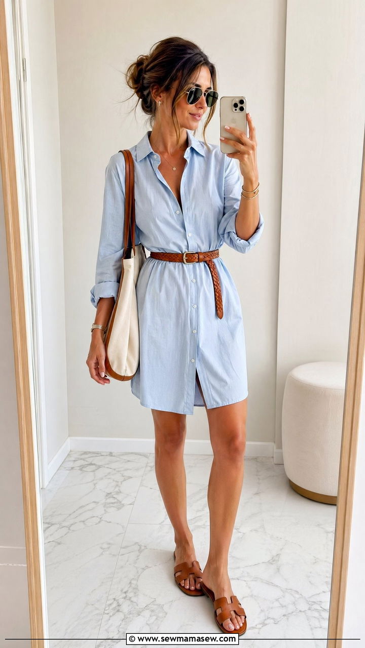 Belted Cotton Shirt Dress With Braided Leather Belt and Tan Slides - 35 summer italy vacation outfit ideas