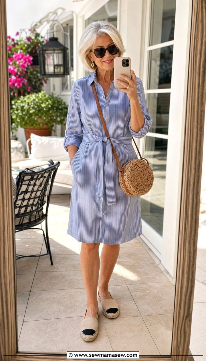 Belted Cotton Shirt Dress with Espadrilles - 35 Petite outfit ideas for women over 60