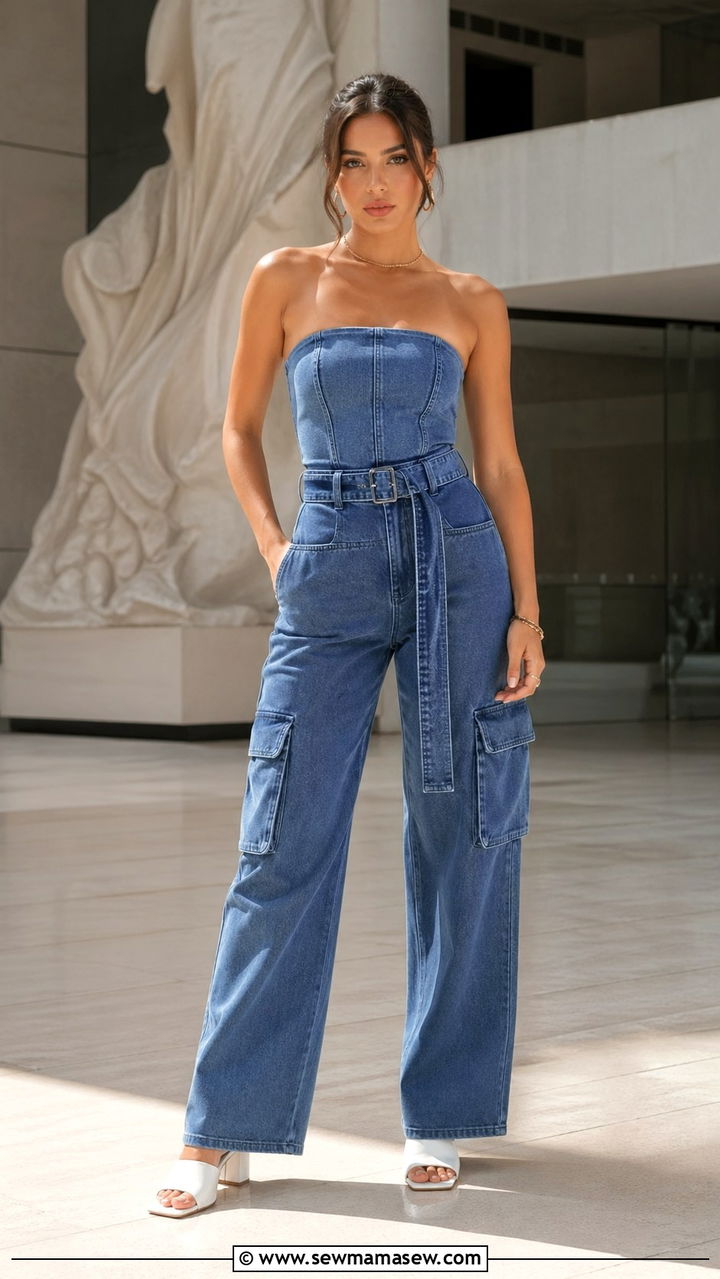 Belted Denim Utility Pants With Denim Bustier - 40 All denim blue outfit ideas