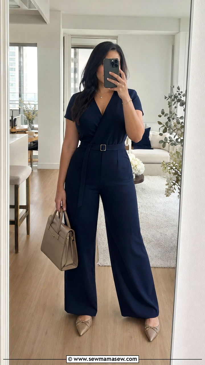Belted Jumpsuit with Pointed Toe Flats - 35 Outfit ideas for pear shape