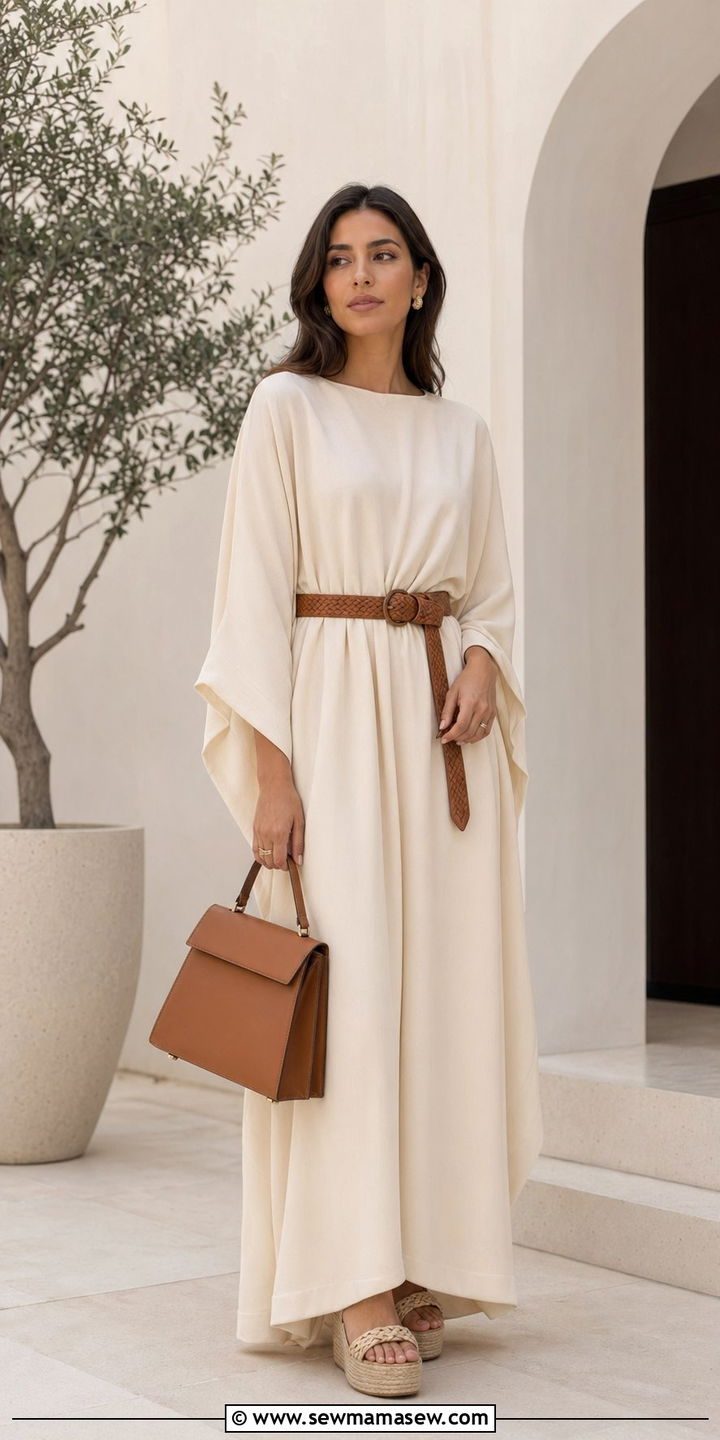Belted Kaftan Dress With Woven Belt And Wedge Sandals - 35 Ramadan outfit ideas for women