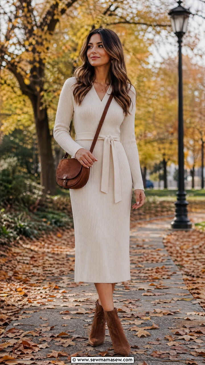 Belted Knit Dress with Ankle Boots Outfit - 35 transitional chic outfit ideas