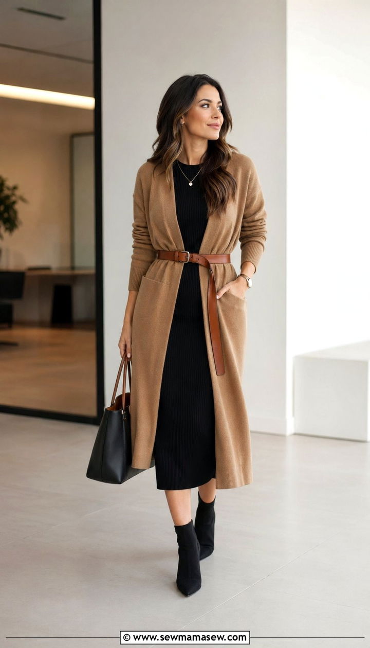 Belted Long Cardigan and Midi Dress - 35 Office outfit ideas for women