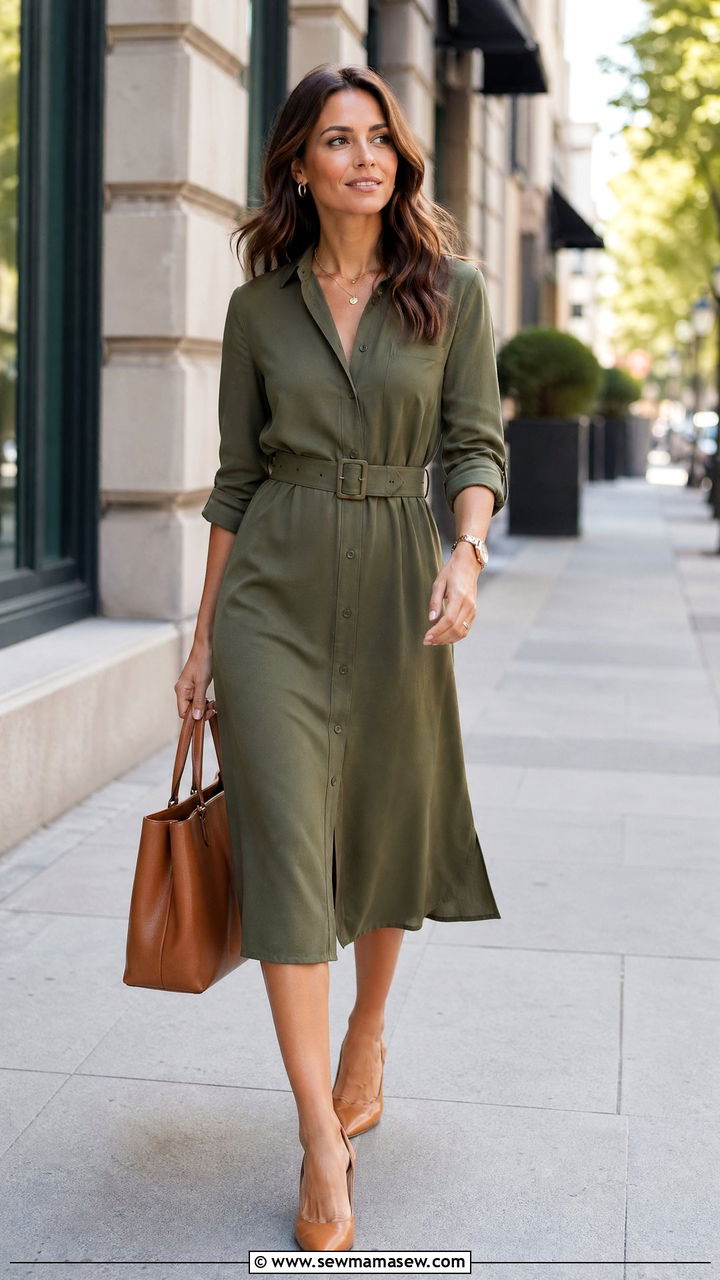 Belted Midi Shirt Dress with Block Heel Slingbacks - 35 workwear outfit ideas for women