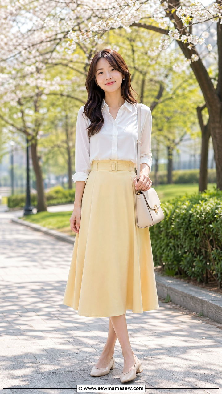 Belted Midi Skirt With Blouse - 35 spring office casual outfit ideas