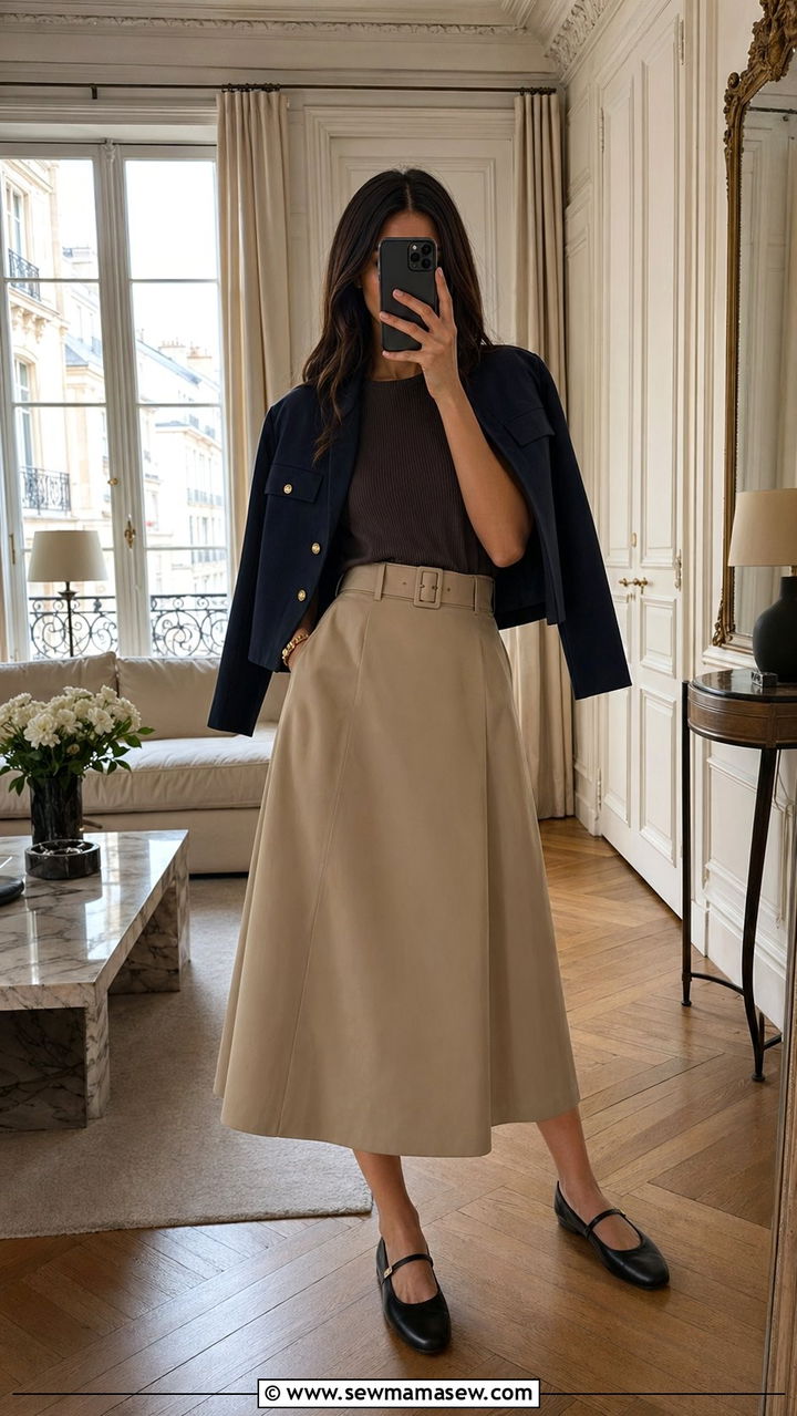 Belted Midi Skirt and Mary Jane Flats Outfit - 35 Paris outfits 2026
