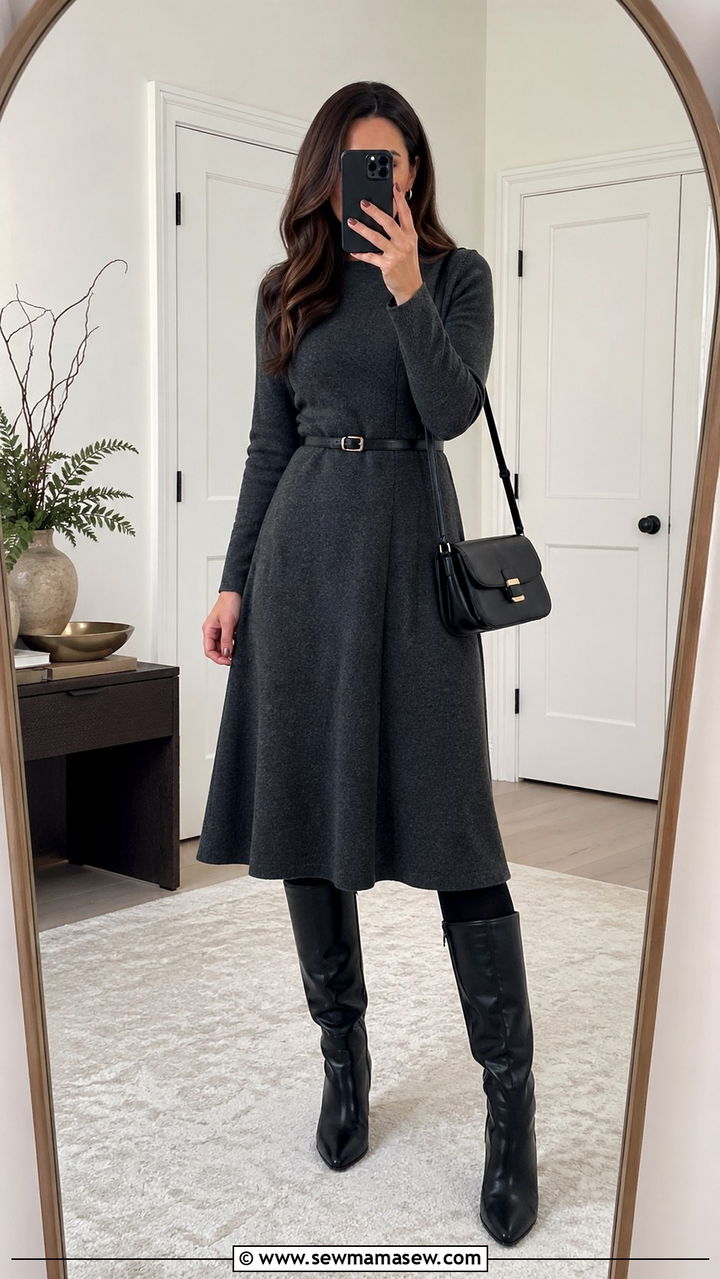 Belted Midi Wool Dress With Tall Leather Boots - 35 Elevated work outfit ideas