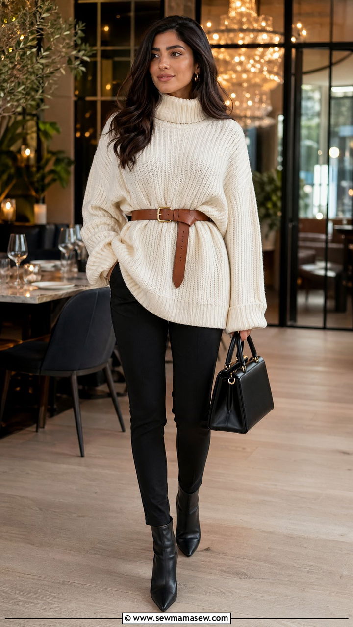 Belted Oversized Chunky Sweater Outfit - 35 chunky sweater outfit ideas for women