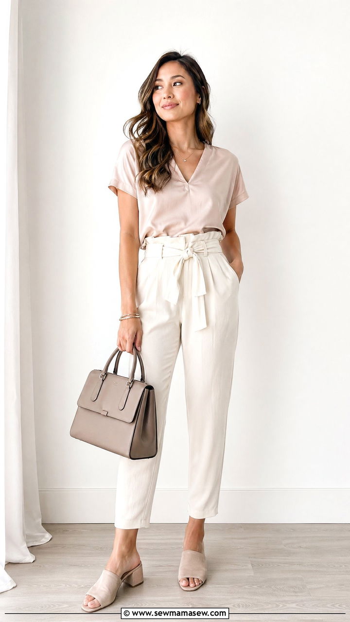 Belted Paperbag Waist Pants with Blouse - 35 summer interview outfit ideas