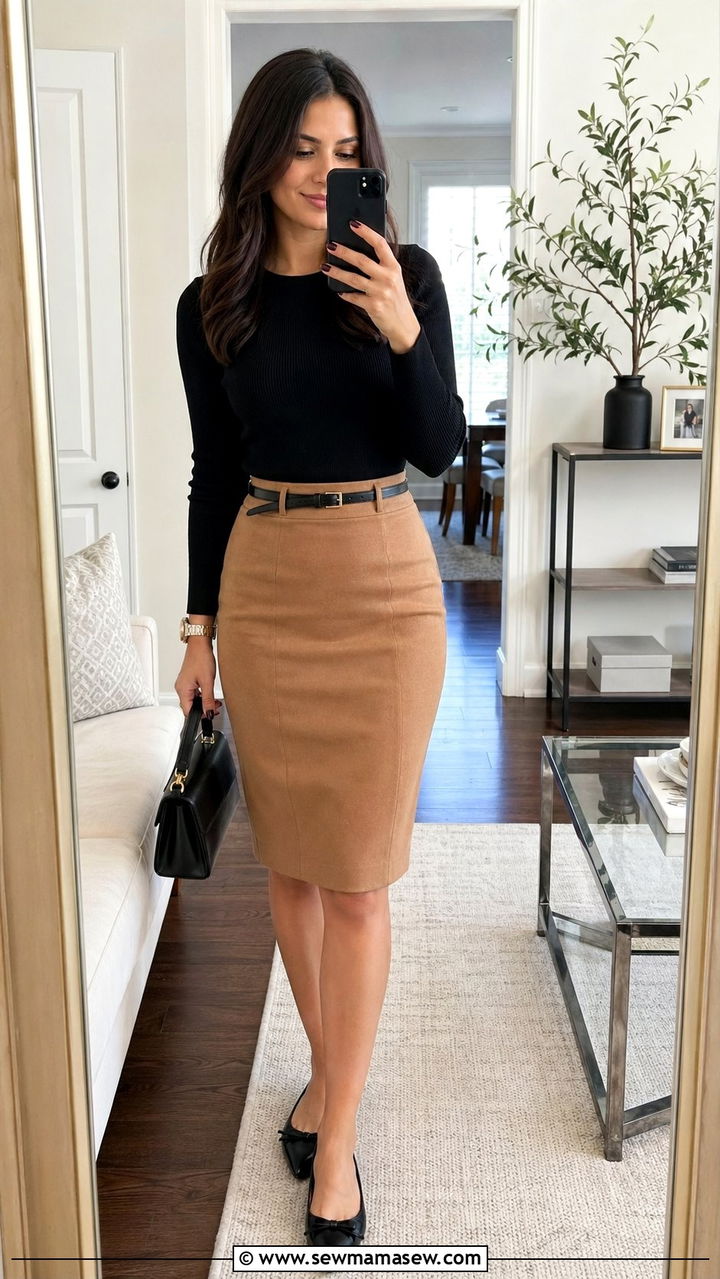 Belted Pencil Skirt Outfit with Fitted Top - 35 pencil skirt outfit ideas for women