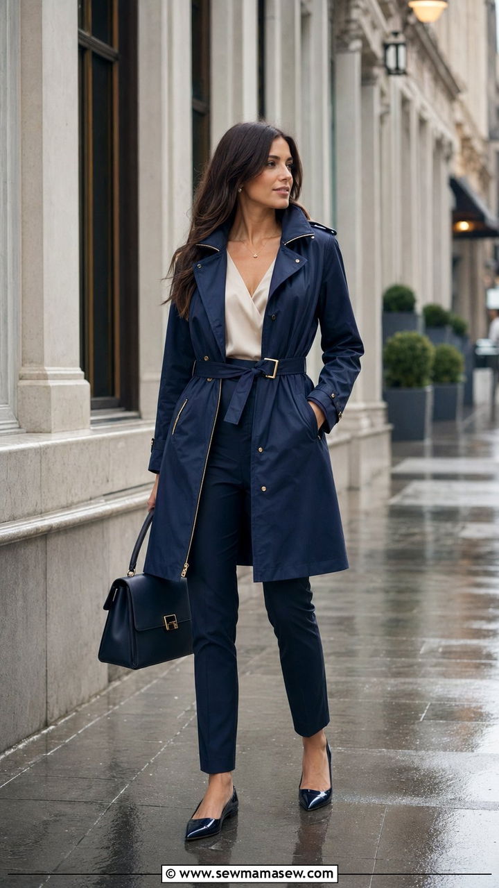 Belted Raincoat with Tailored Trousers and Structured Bag - 35 Rainy summer outfits