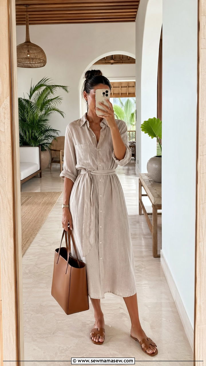 Belted Shirt Dress And Slides Resort Outfit - 35 what to wear on a resort vacation