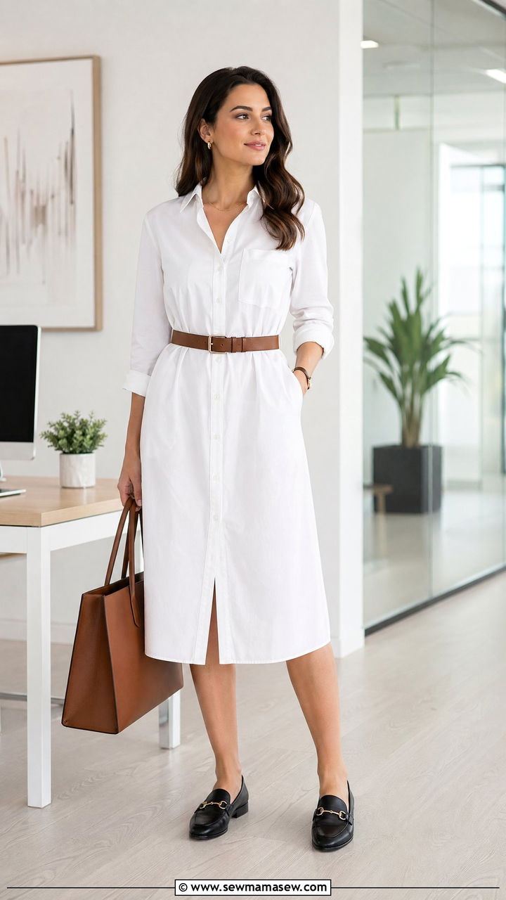Belted Shirt Dress Outfit With Loafers And Structured Tote - 35 classy dress outfits