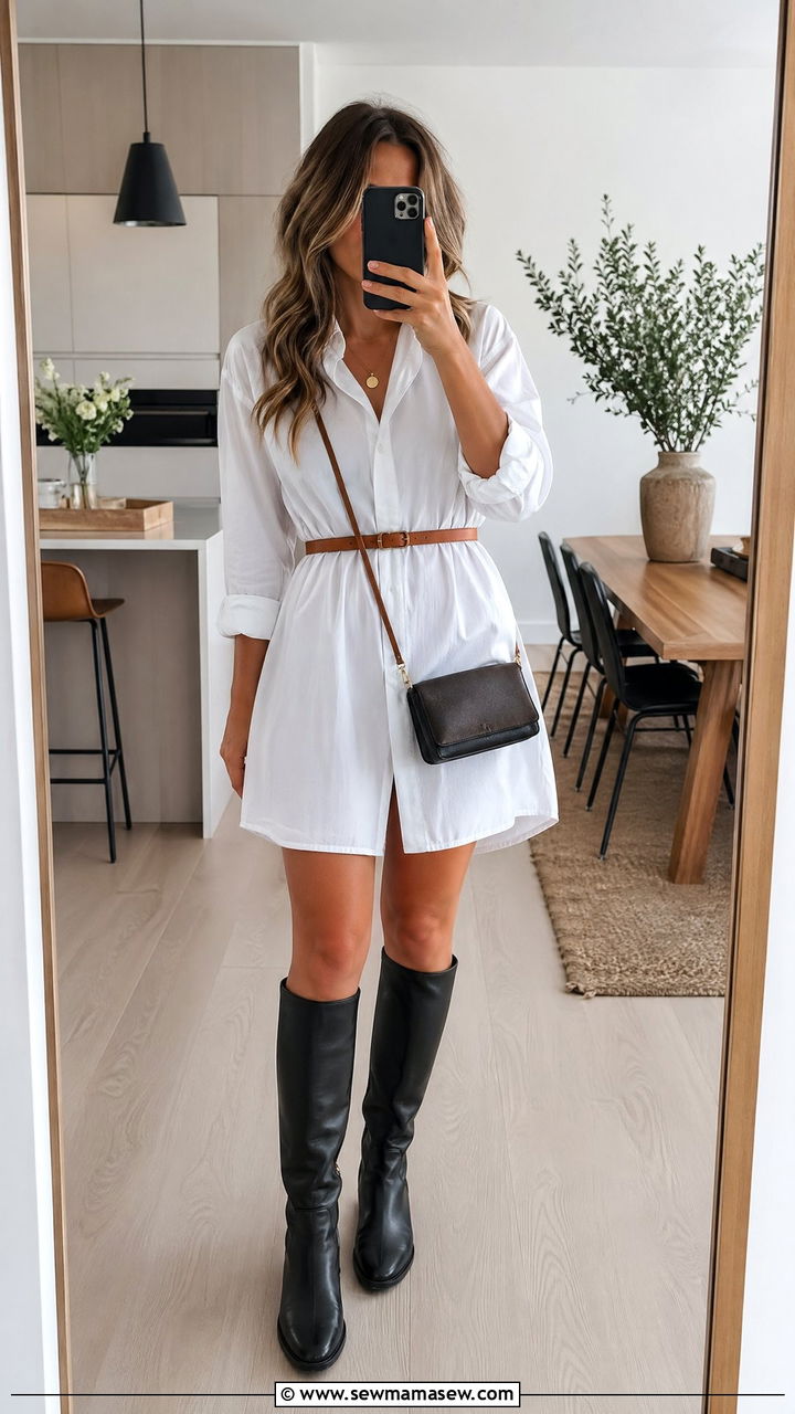 Belted Shirt Dress With Knee High Boots - 35 spring street style outfit ideas