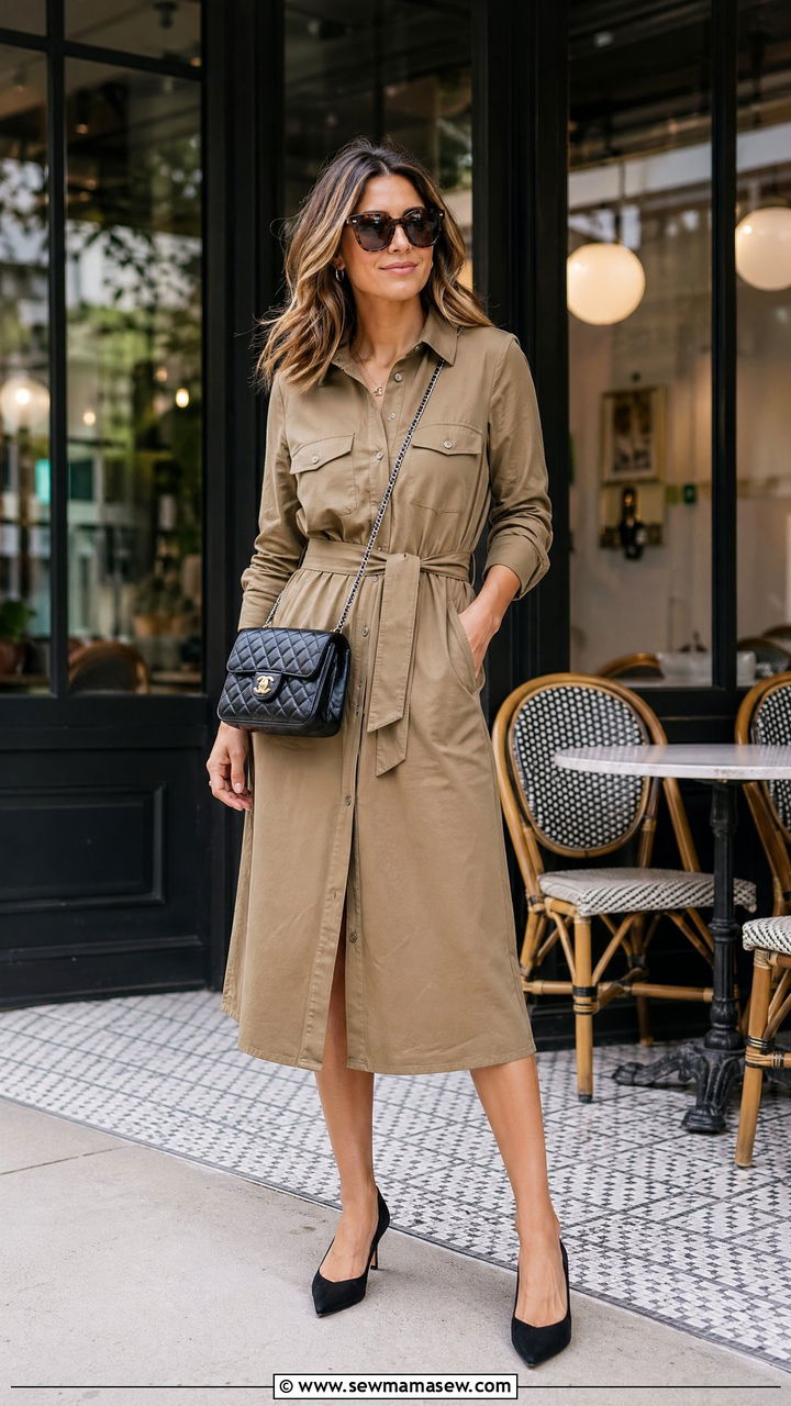 Belted Shirt Dress With Pointed Toe Kitten Heels - 35 Uptown girl outfit ideas
