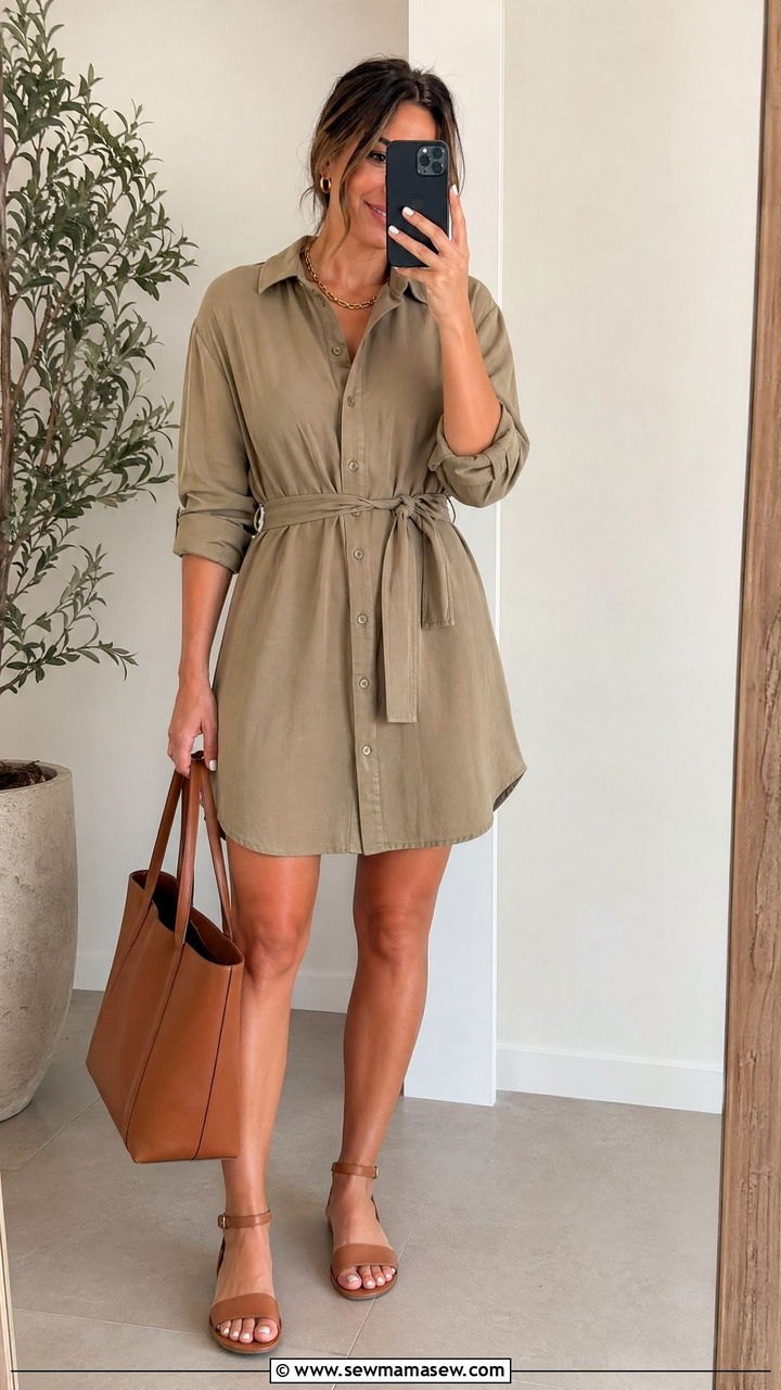 Belted Shirt Dress and Ankle Strap Sandals Outfit - 35 transitional classy outfit ideas