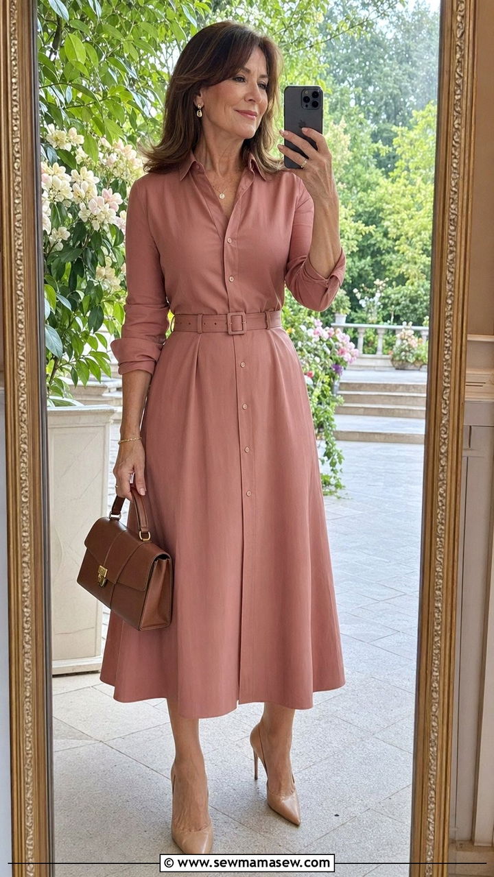Belted Shirt Dress in Dusty Rose - 35 Old money outfits for women over 50