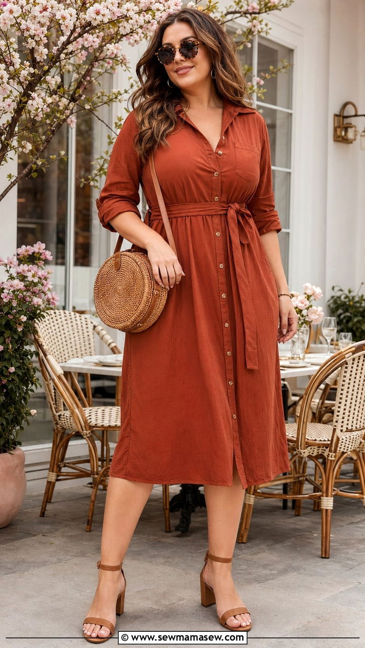 Belted Shirt Dress with Ankle Strap Sandals - 35 Plus size outfits for women over 40
