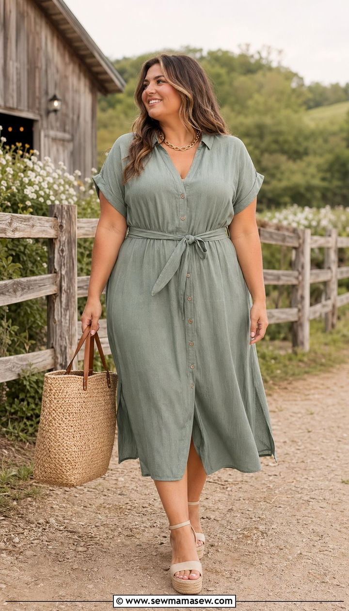 Belted Shirt Dress with Espadrille Wedges for Midsize Wedding Guest - 30 Wedding guest outfits for midsize women
