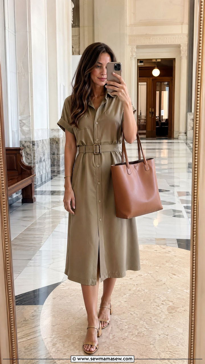 Belted Shirt Dress with Structured Tote - 35 Courthouse wedding guest outfits