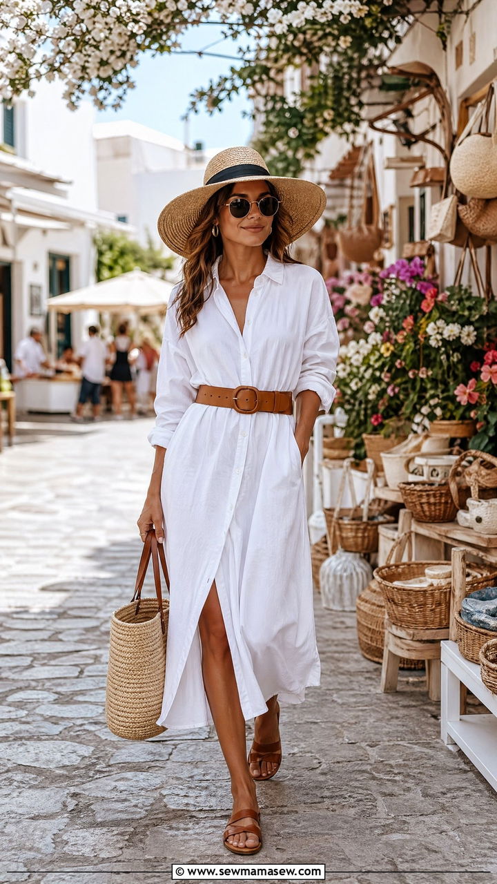 Belted Shirt Dress with Wide Brim Hat and Leather Sandals - 35 spring vacation chic outfit ideas
