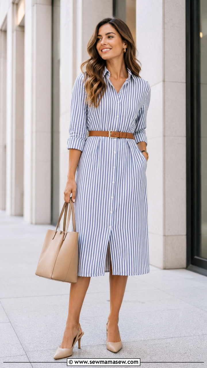 Belted Shirt Midi Dress With Slingbacks - 30 spring midi dress outfit ideas
