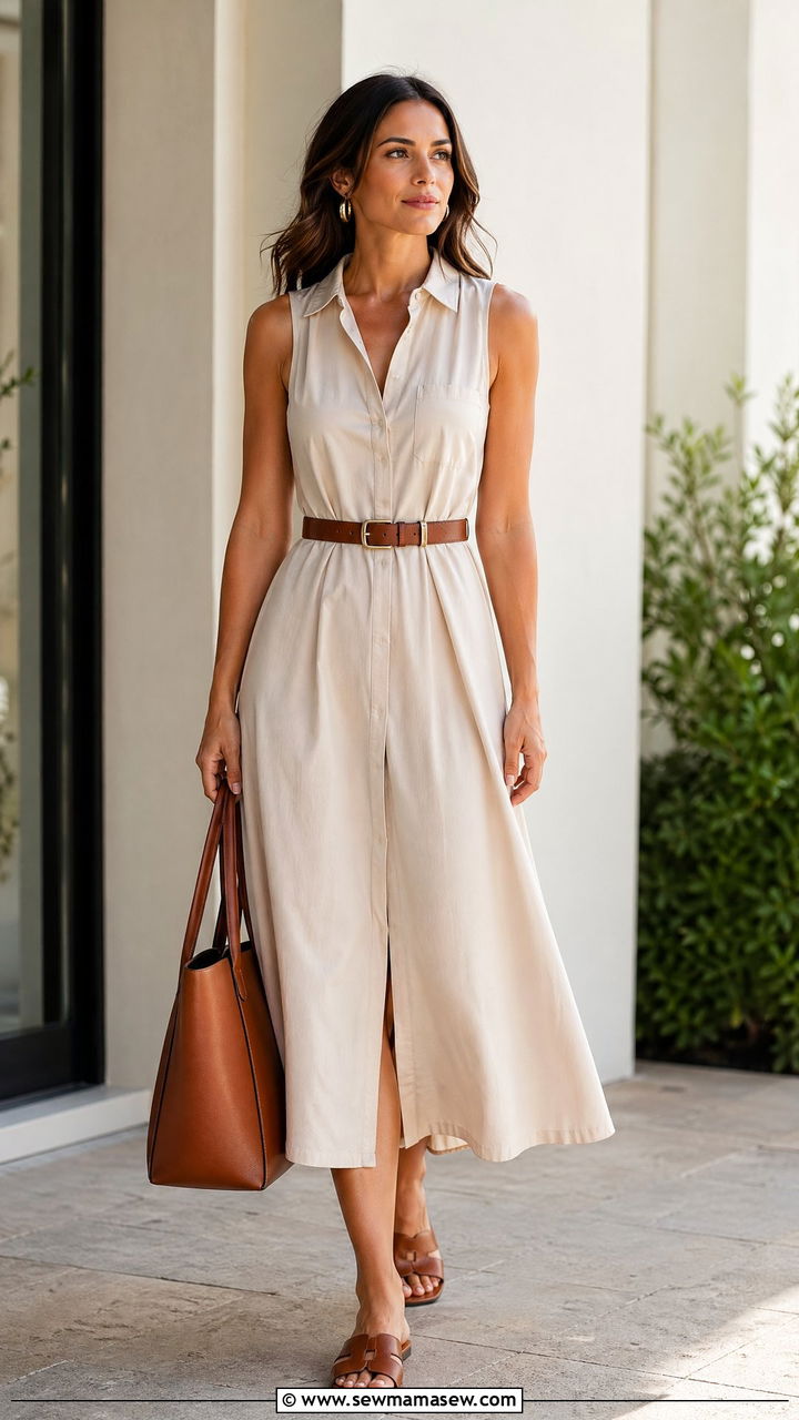 Belted Shirtdress Sundress With Leather Sandals - 35 Summer outfits with sundresses