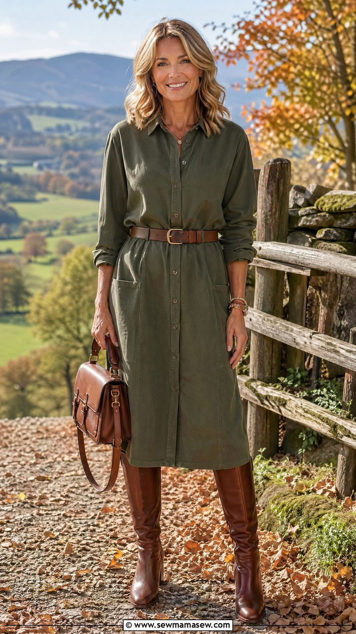 Belted Shirtdress With Knee High Boots - 35 Chic outfit ideas for women over 40