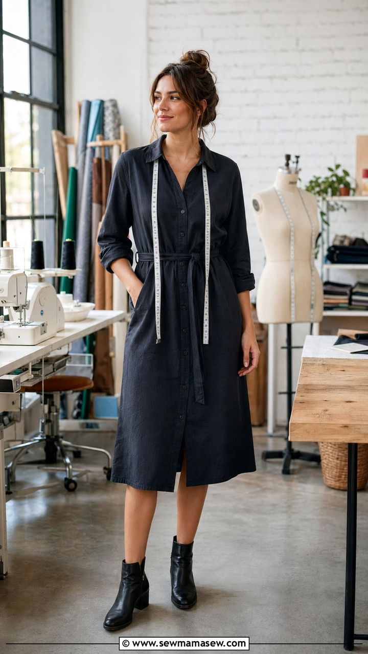 Belted Shirtdress and Ankle Boots for Sewing Workshop - 30 Workshop outfit ideas