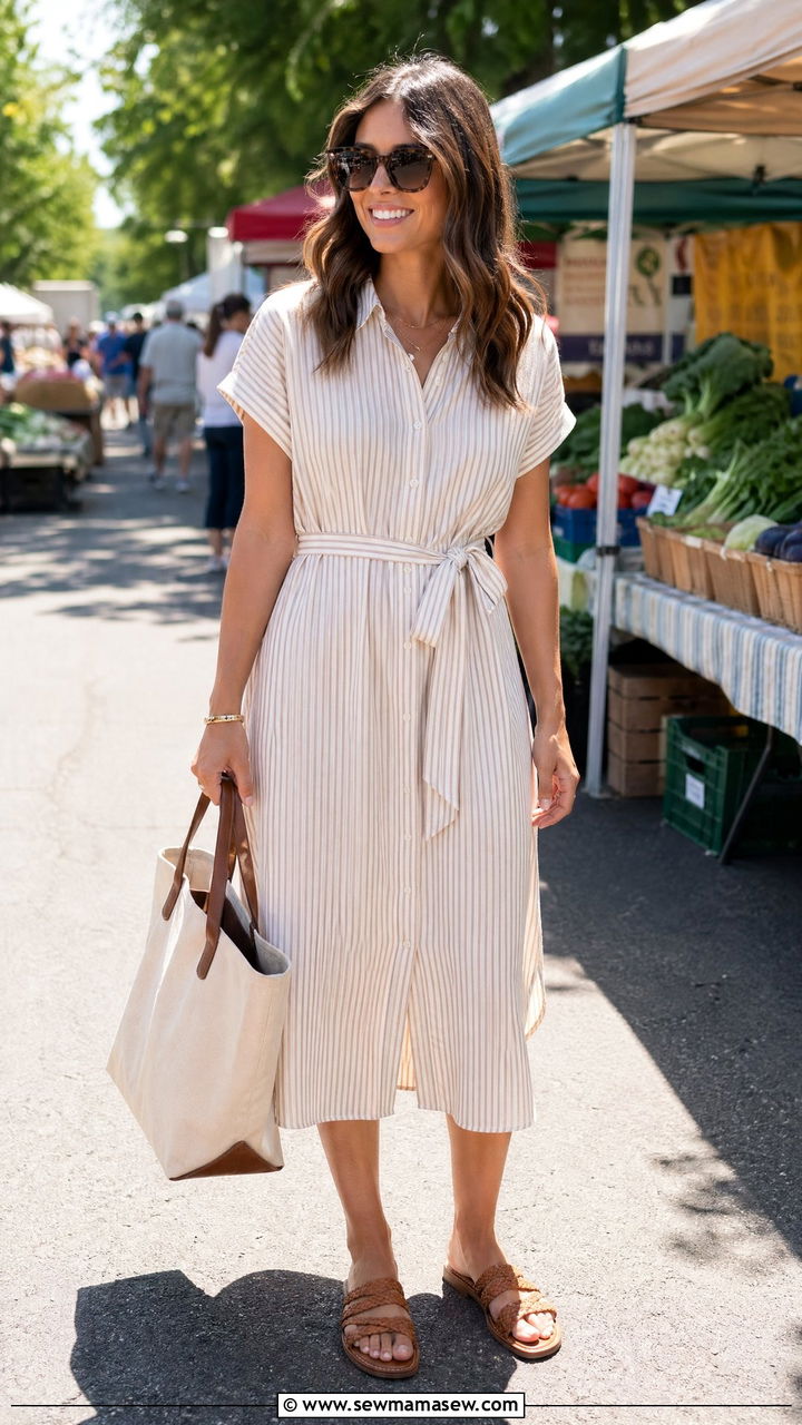 Belted Shirtdress and Woven Sandals Outfit - 35 spring outfit ideas casual