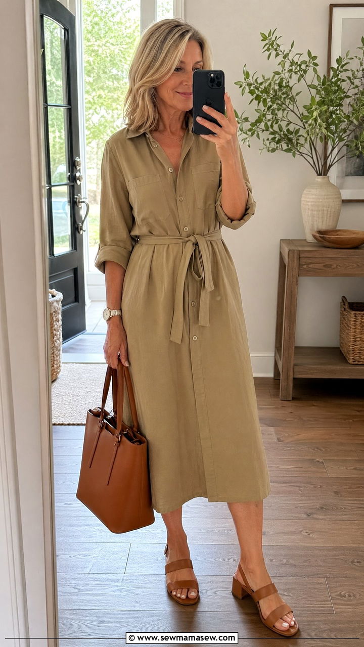 Belted Shirtdress with a Structured Tote and Low Heels - 35 summer outfit ideas for women over 50
