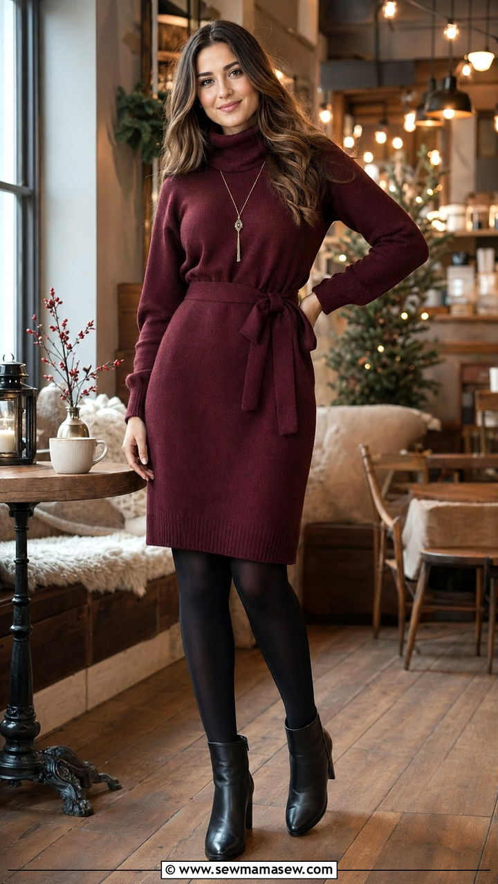 Belted Sweater Dress with Ankle Boots Outfit - 35 modest outfit ideas for women