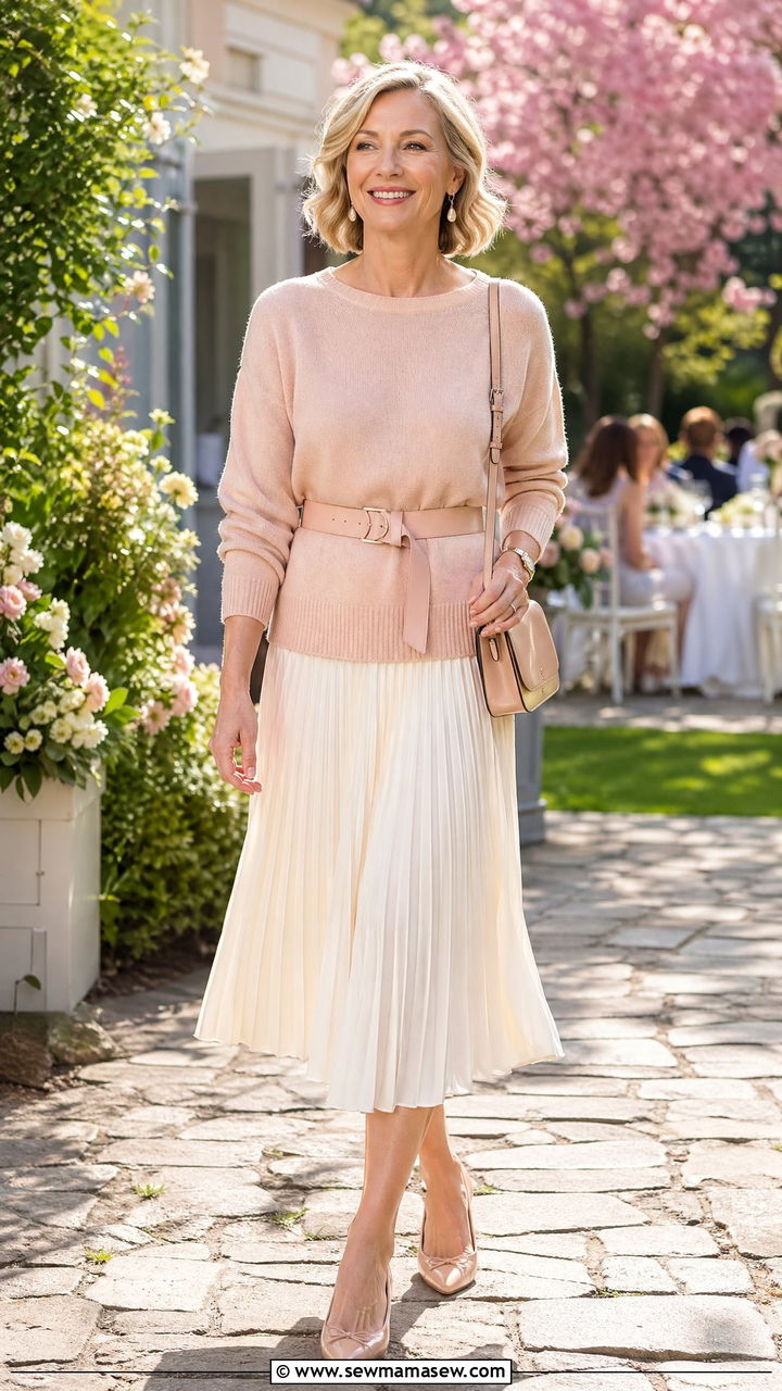 Belted Sweater With Knife Pleat Midi Skirt - 35 Skirt outfit ideas for women over 40
