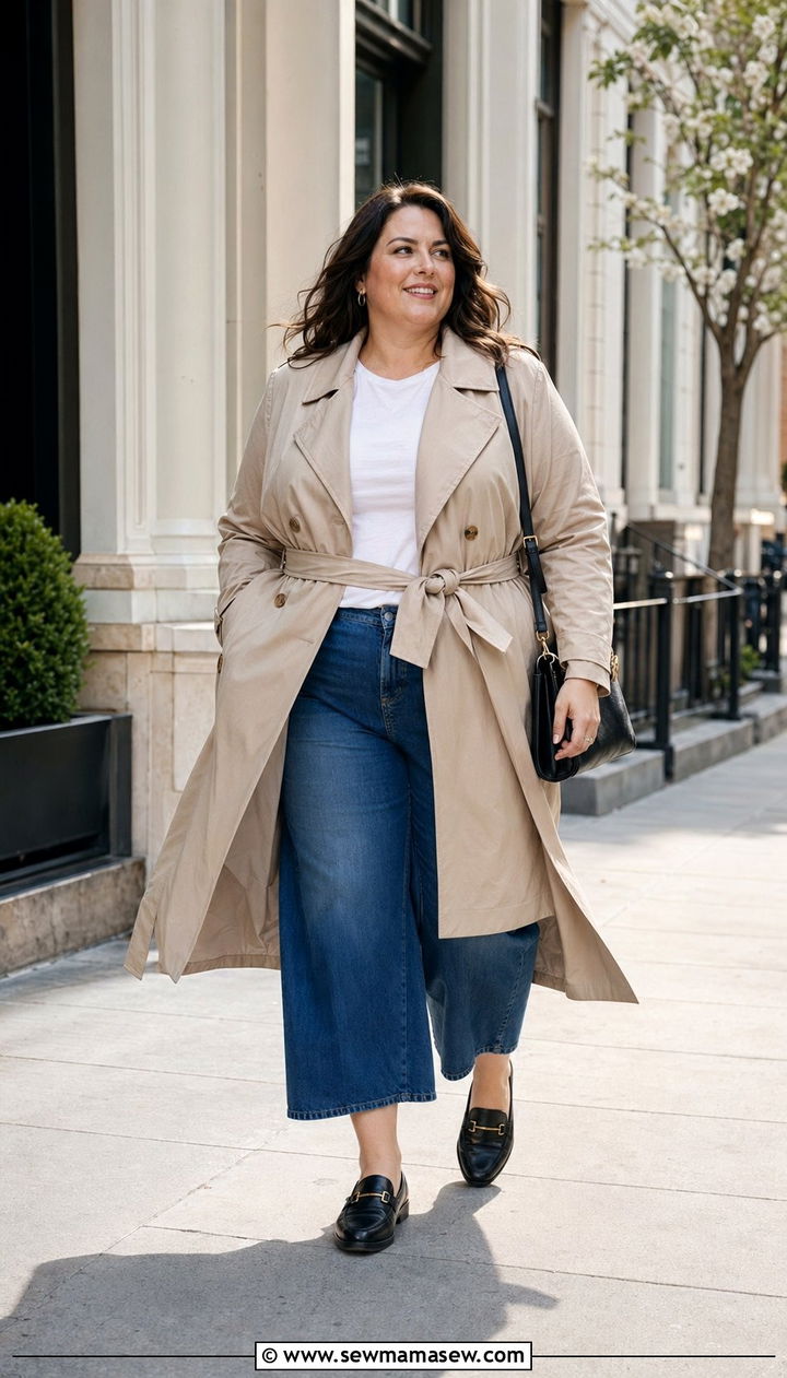 Belted Trench Coat Cropped Wide Leg Jeans and Loafers - 35 Plus size outfit ideas size 22