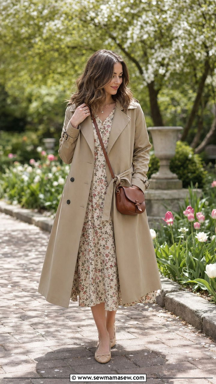 Belted Trench Coat With Floral Midi Dress Outfit - 35 Modest outfits for women over 40