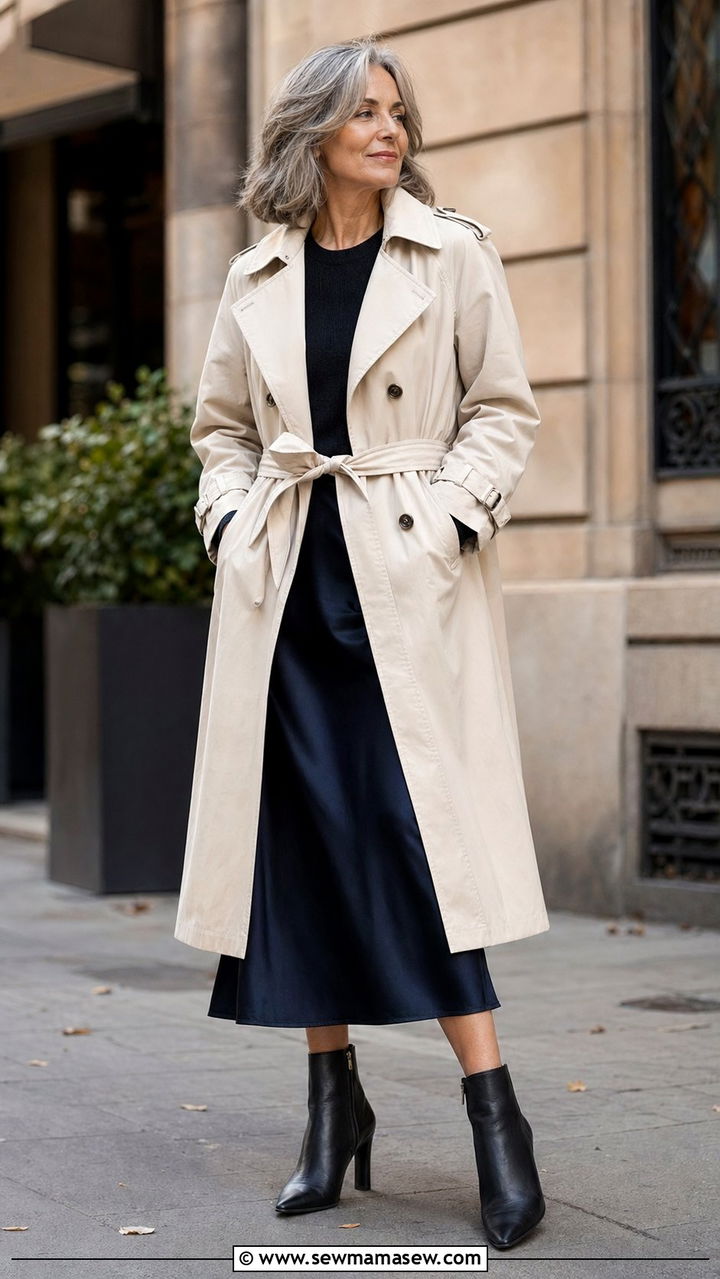 Belted Trench Coat with Midi Slip Skirt and Ankle Boots - 35 Parisian outfits for women over 50