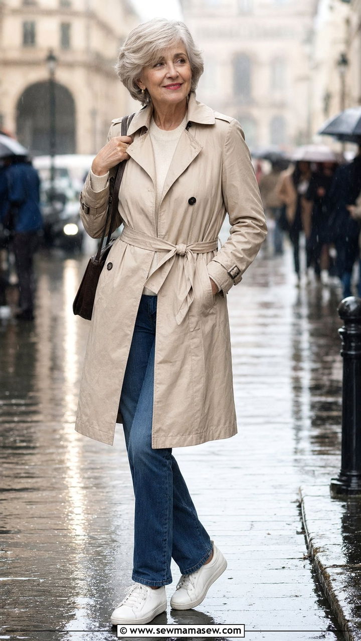 Belted Trench Coat with Straight Jeans and Sneakers - 35 Petite outfit ideas for women over 60