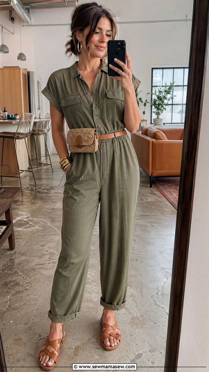 Belted Utility Jumpsuit with Leather Sandals - 35 casual summer wedding guest outfits