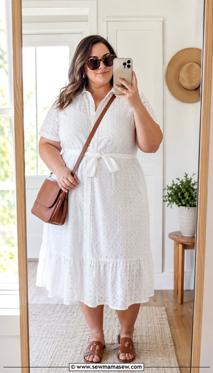 Belted White Dress With Tan Accessories Summer Outfit - 35 Plus size outfit ideas size 20 summer