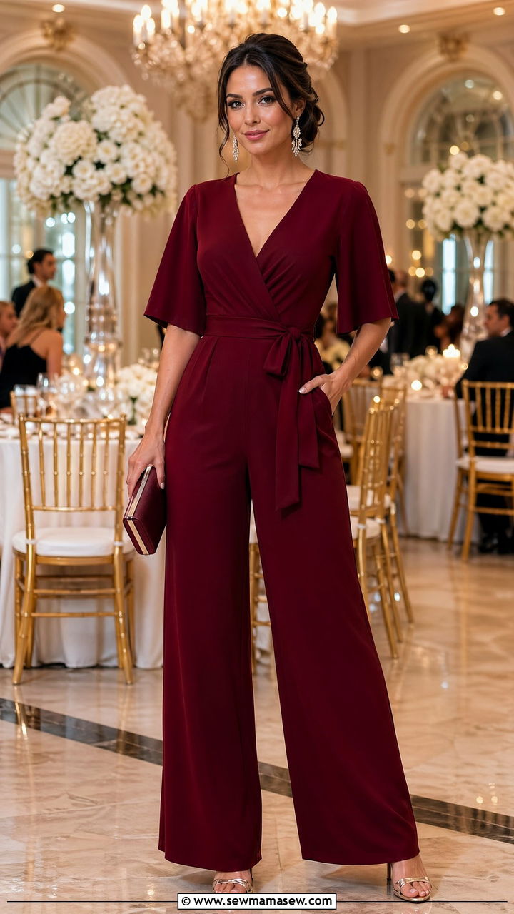 Belted Wide Leg Jumpsuit With V Neck - 35 Wedding guest wide leg pants outfit ideas