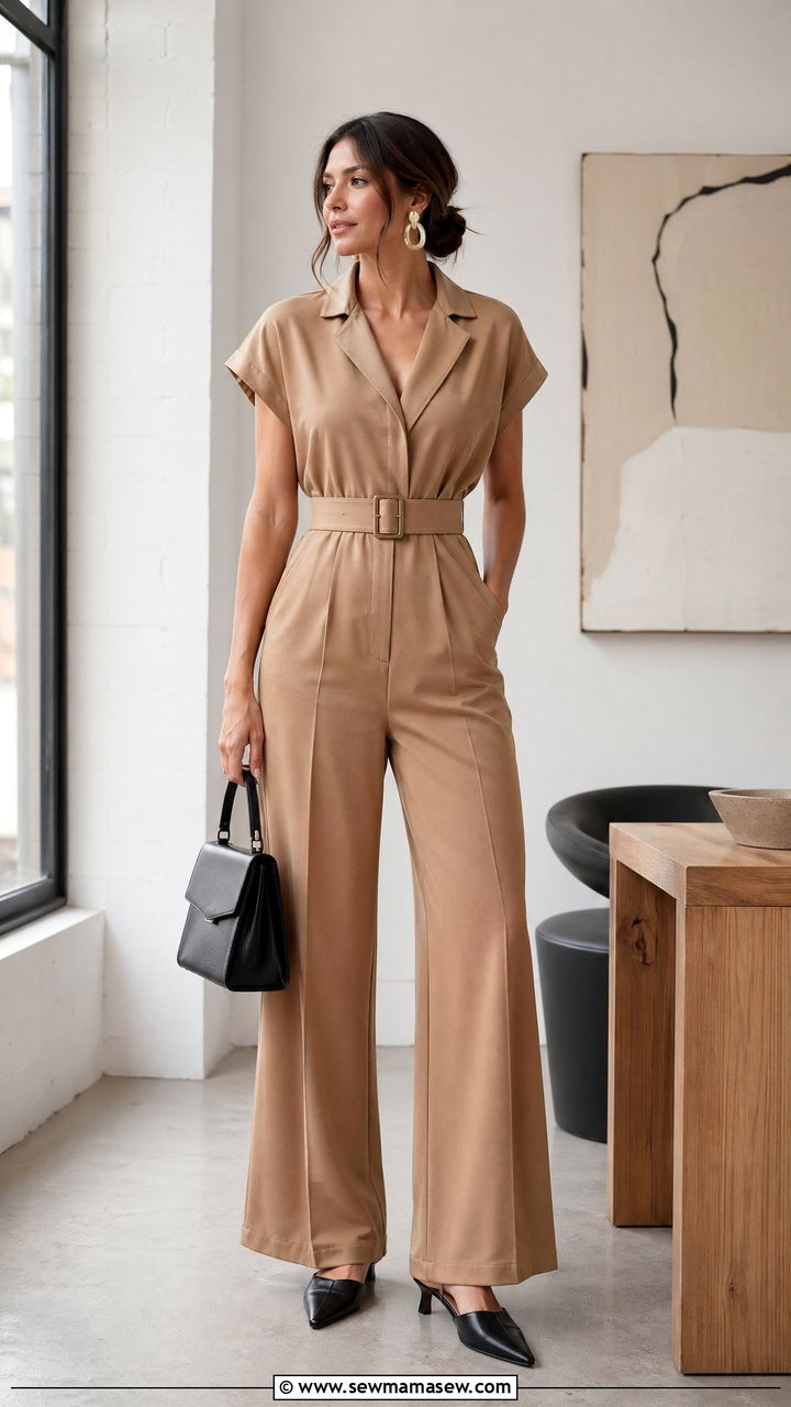 Belted Wide Leg Jumpsuit with Mules - 35 Wide leg jumpsuit outfit ideas