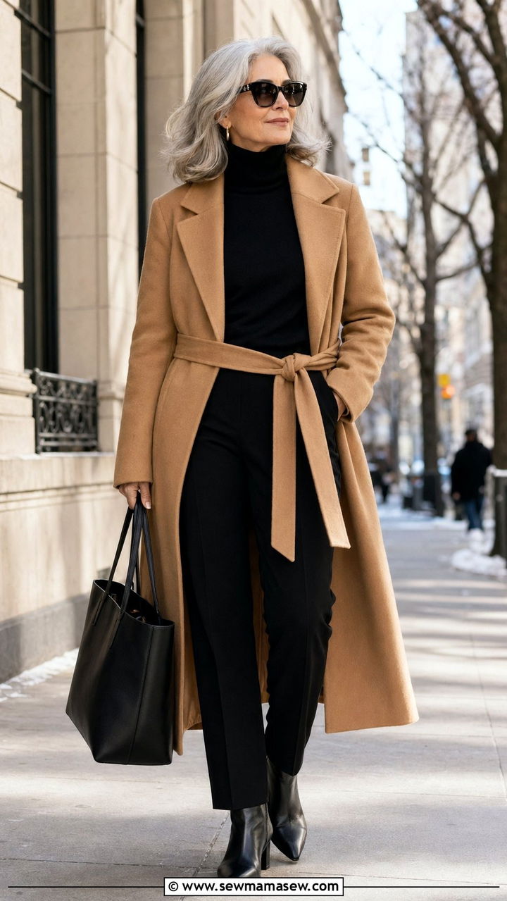 Belted Wool Coat Over an All Black Outfit - 30 Best jackets for women over 50