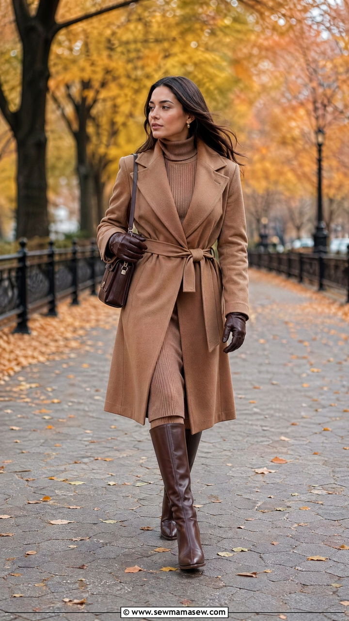 Belted Wrap Coat With Knee Boots - 35 classy quiet luxury outfits