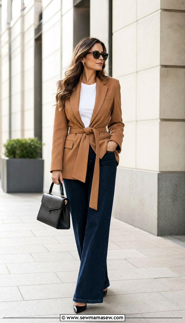 Belted blazer and wide leg jeans outfit - 30 Work outfits with jeans