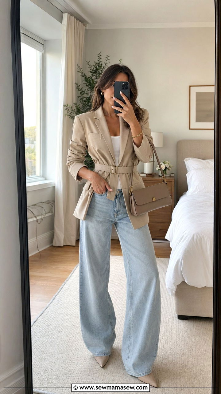 Belted blazer with baggy jeans - 30 Baggy jeans outfit ideas with a blazer